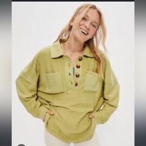 American Eagle Textured Henley Sweatshirt in Yellow